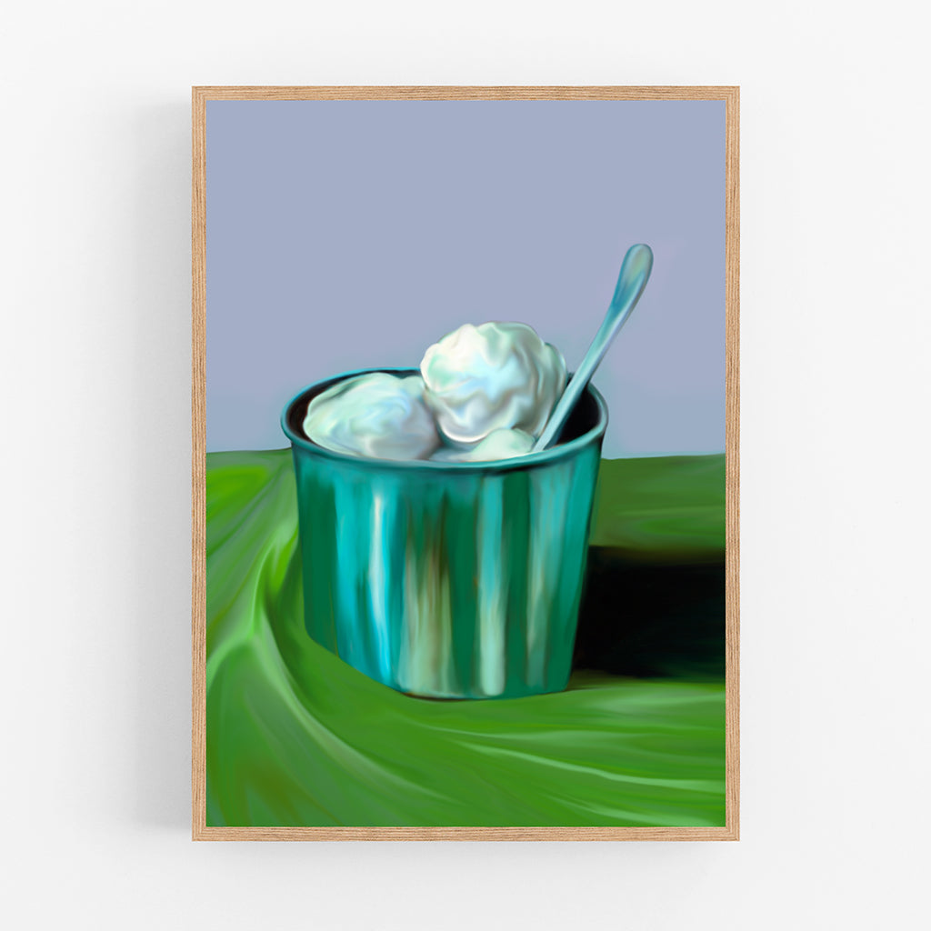 An art print showing scoops of vanille Ice cream in a silver cup,