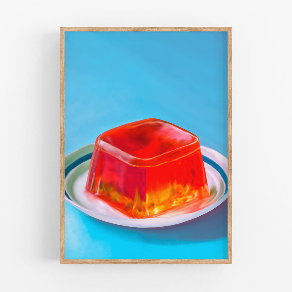 An art print of a red jelly dessert on a blue background. 