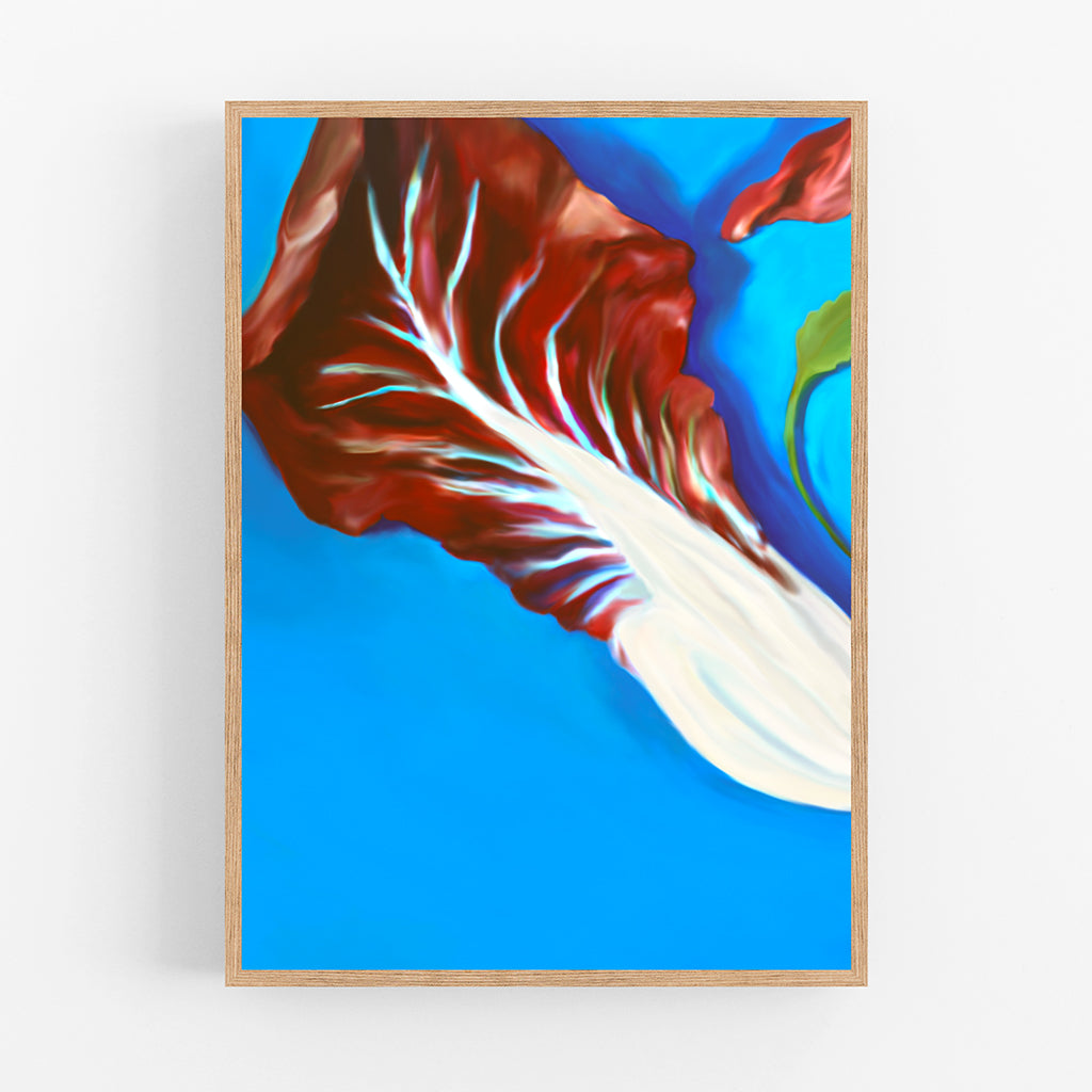 A painted composition of a radicchio leaf o a blue background. 