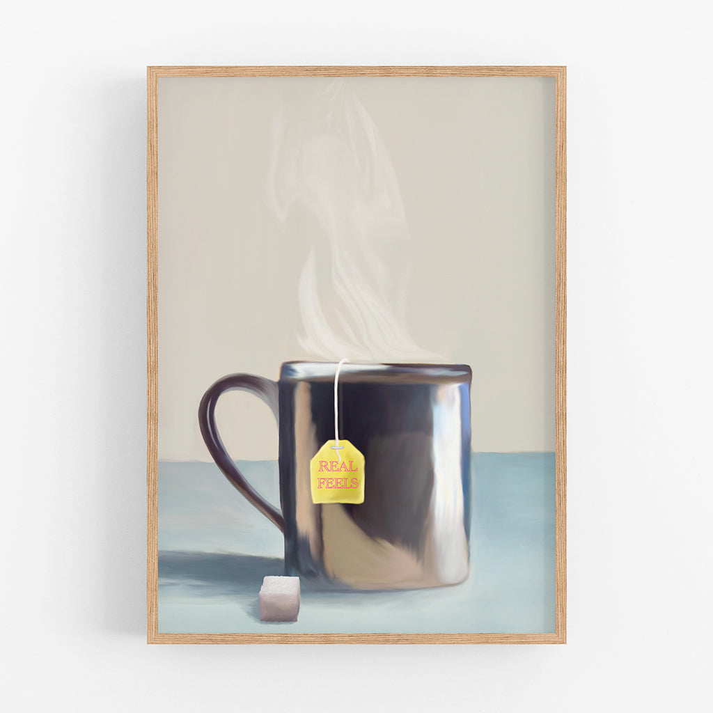 A painted composition of a steaming steel cup with a tea bag. The text on the tea bag says &quot;Real Feels&quot;.