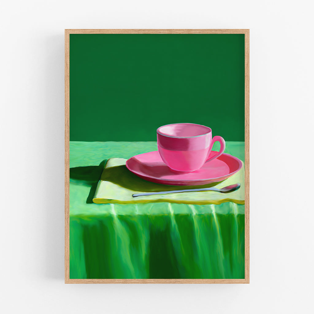 A painted still life of a pink tea cup on a vibrant green tablecloth.