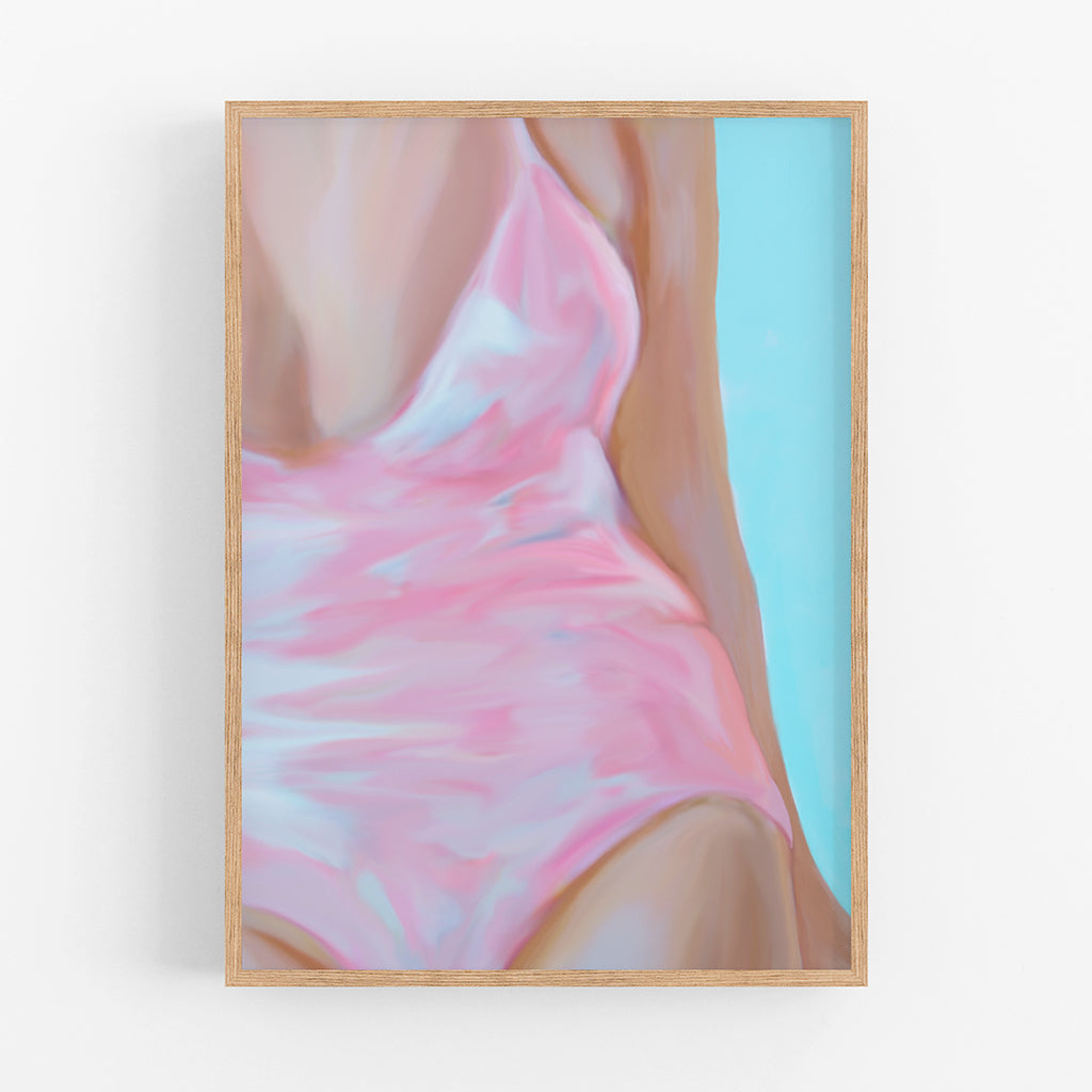 A painted composition of a woman in a pink swimsuit on a blue background.