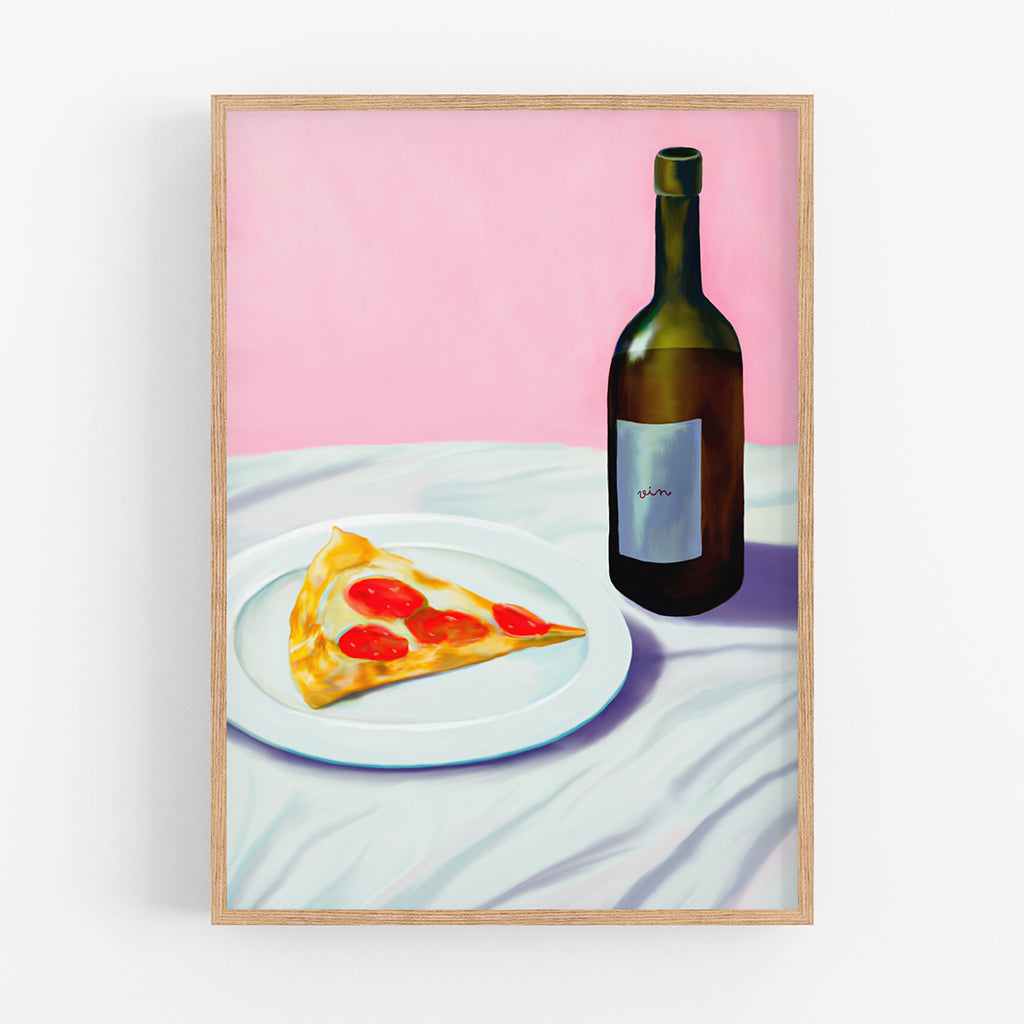 A painted still life of a wine bottle and a slice of pizza on a plate. 