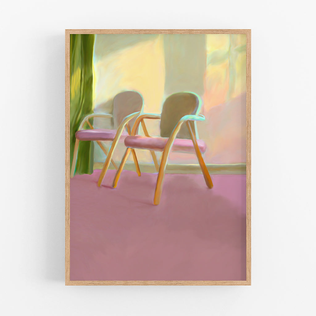 A painted composition of two pink chairs in a sunlit room with a pink carpet. 