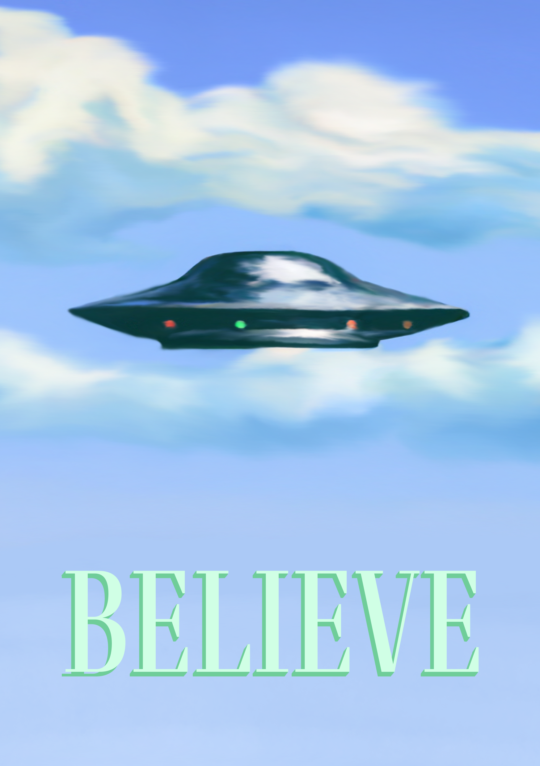 Retro 90's style greeting card with a UFO on a blue sky background. The text says "Believe"